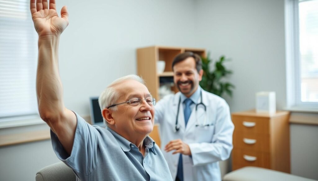 Älterer Patient mit guter Beweglichkeit nach Implantation einer inversen Schulterprothese bei Arthrose