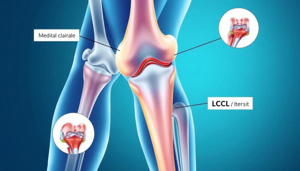 Anatomie der Seitenbänder am Kniegelenk mit Darstellung des Innenbandes (MCL) und Außenbandes (LCL)