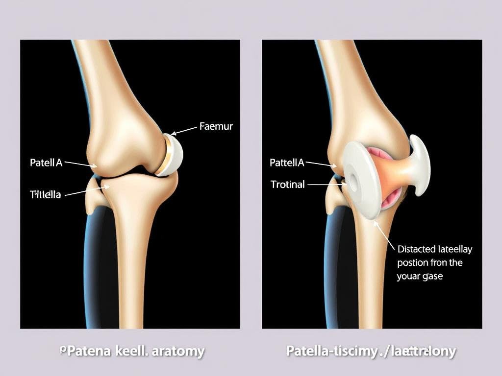 Anatomie des Kniegelenks mit normaler Position der Kniescheibe und Patellaluxation im Vergleich
