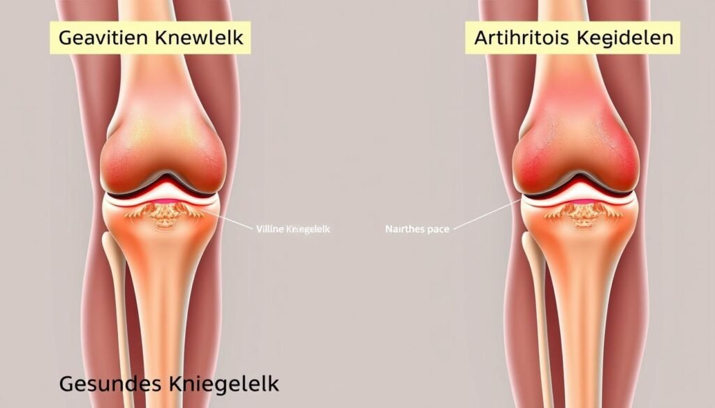 Anatomie eines gesunden Kniegelenks im Vergleich zu einem mit Arthrose