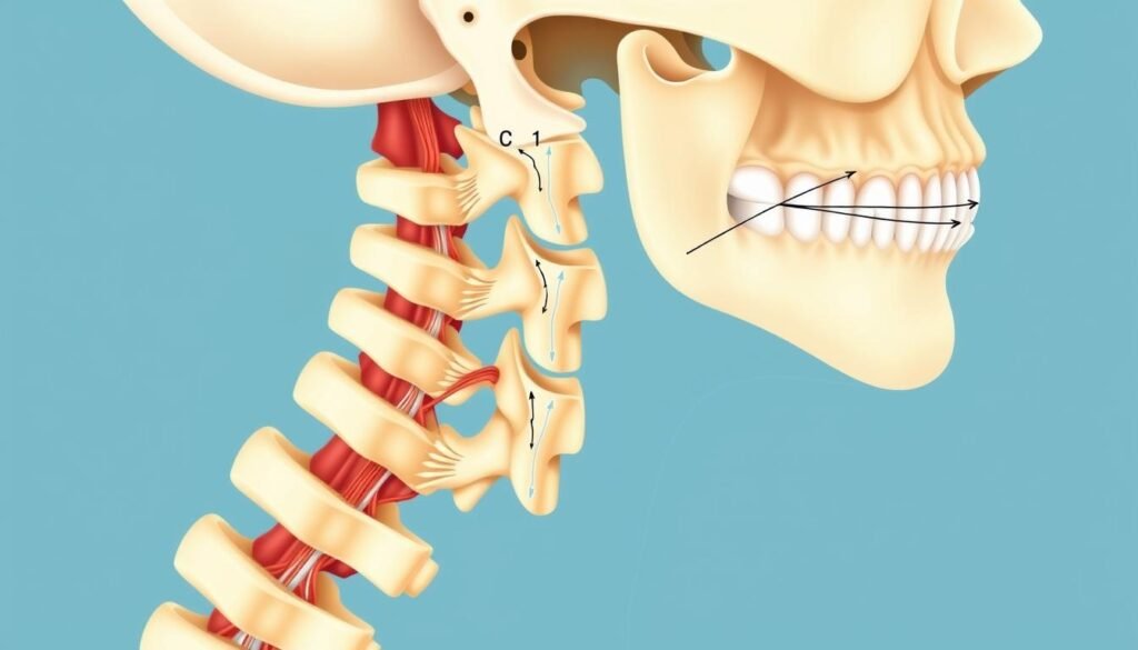 Anatomische Darstellung der Halswirbelsäule mit Kennzeichnung der betroffenen Bereiche beim HWS-Syndrom