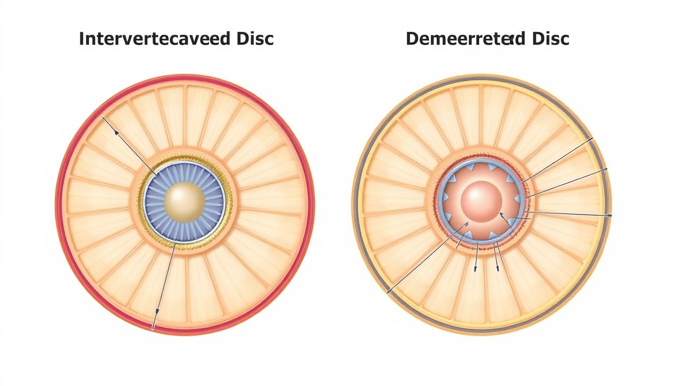 Anatomische Darstellung einer gesunden Bandscheibe im Vergleich zu einer degenerierten Bandscheibe