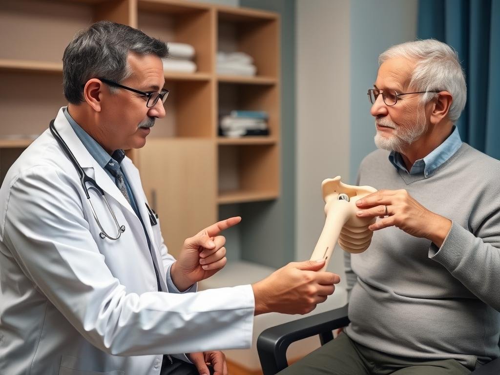 Arzt erklärt einem Patienten die Funktionsweise einer inversen Schulterprothese bei Arthrose