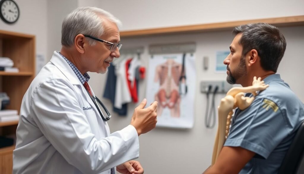 Arzt im Beratungsgespräch mit Patient über Bizepssehnen Läsion