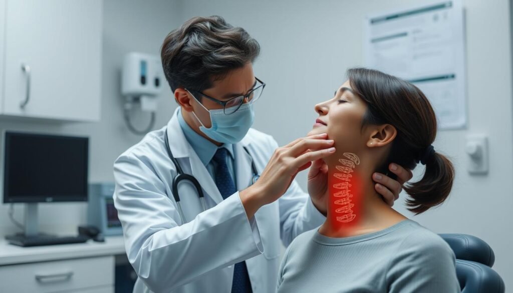 Arzt untersucht die Halswirbelsäule eines Patienten mit HWS-Syndrom