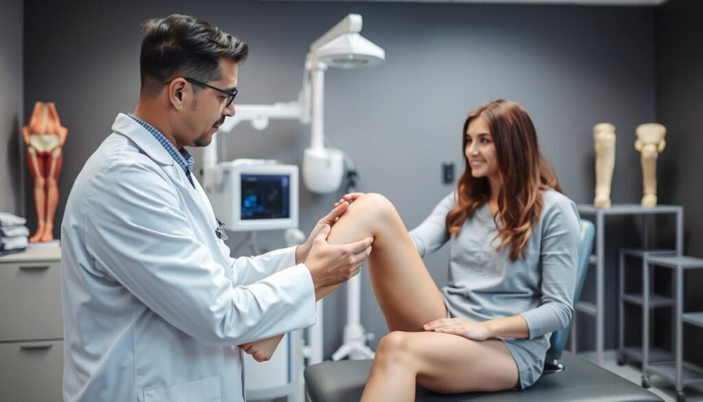 Arztbesuch bei Verdacht auf Patellaluxation, Untersuchung des Kniegelenks