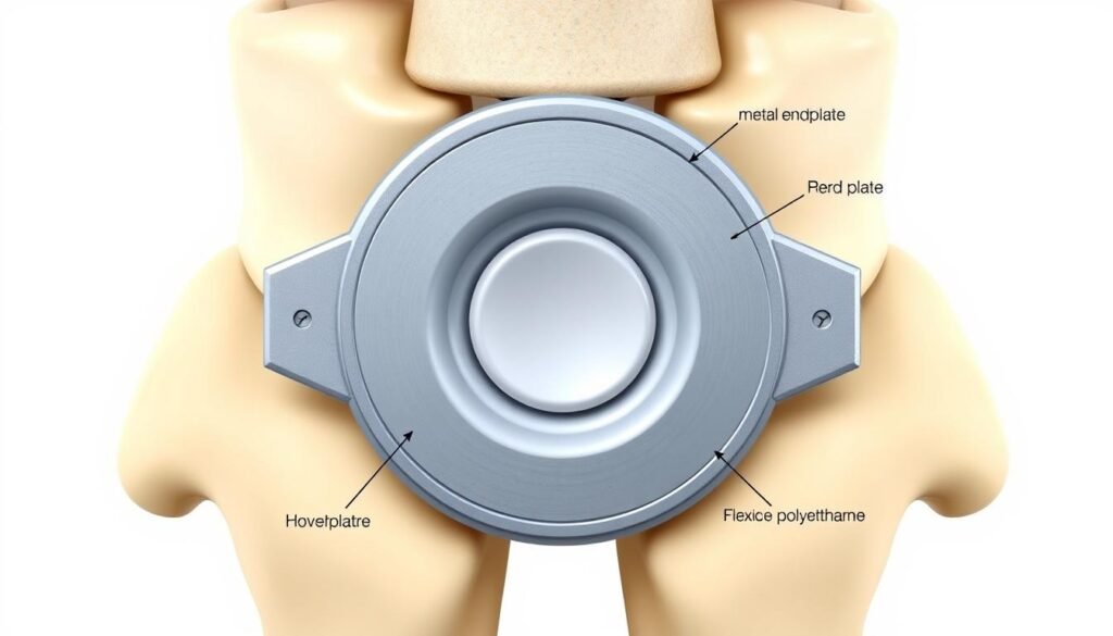 Aufbau einer Bandscheibenprothese mit Metallplatten und elastischem Kern