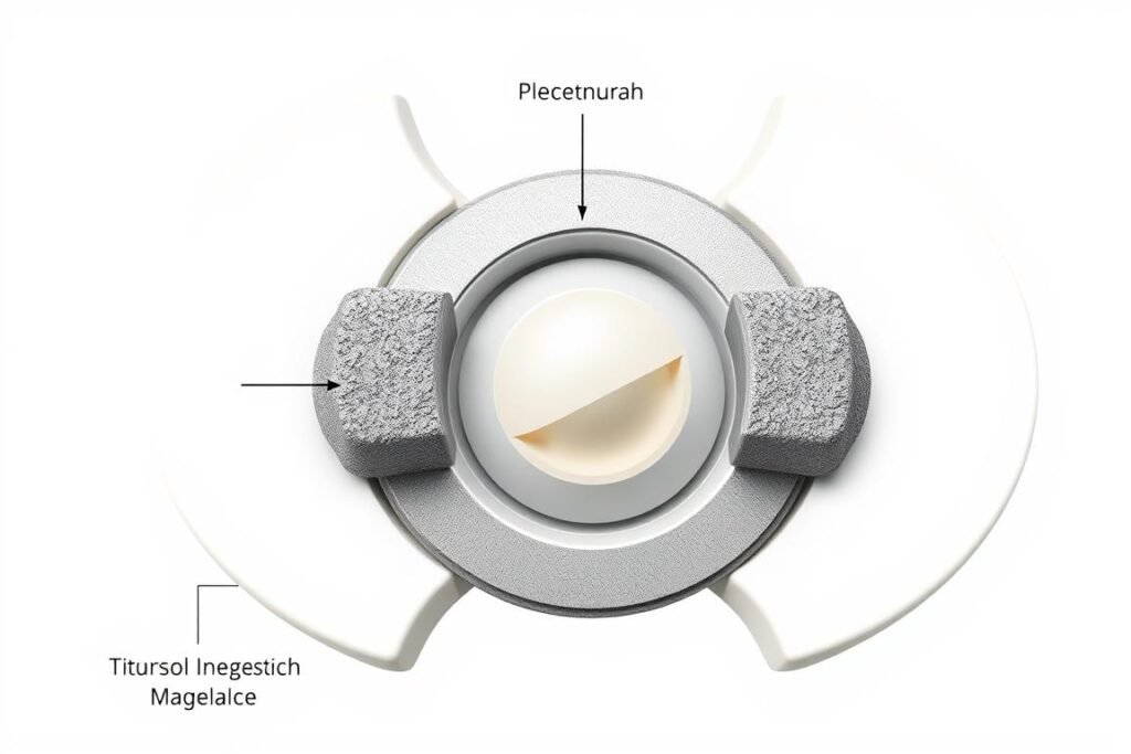 Detaillierter Aufbau einer Bandscheibenprothese mit Materialangaben