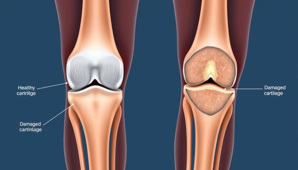 Gesunder Knorpel im Vergleich zu geschädigtem Knorpel bei Knorpelverletzungen