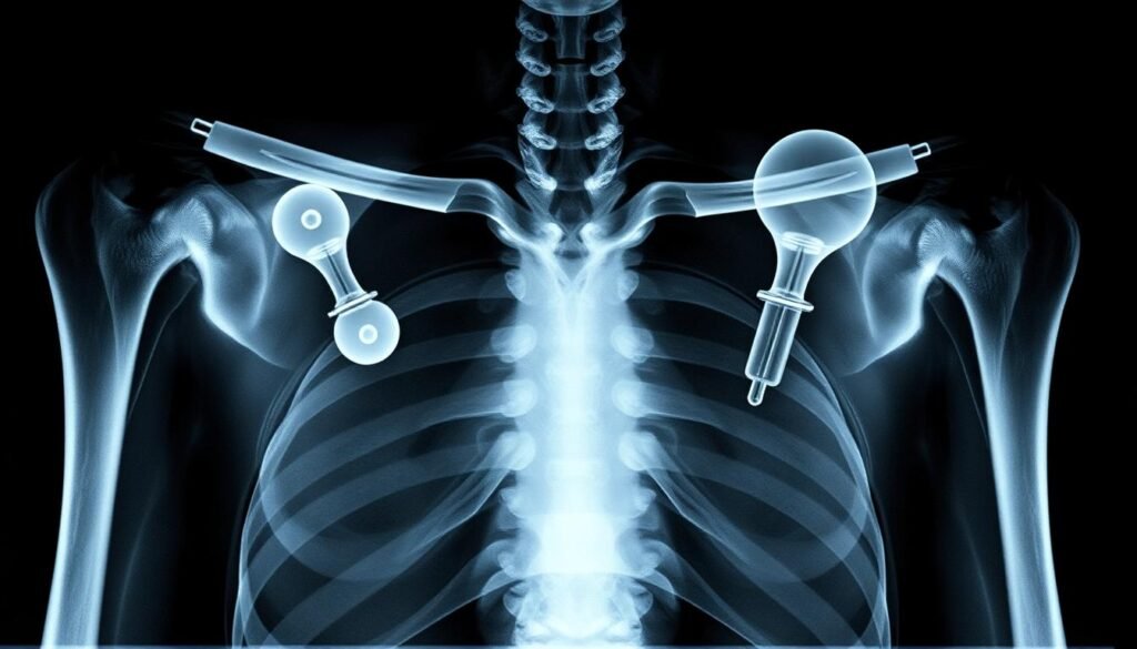 Inverse Schulterprothese bei Arthrose - Röntgenbild zeigt die umgekehrte Anordnung von Gelenkpfanne und Gelenkkopf