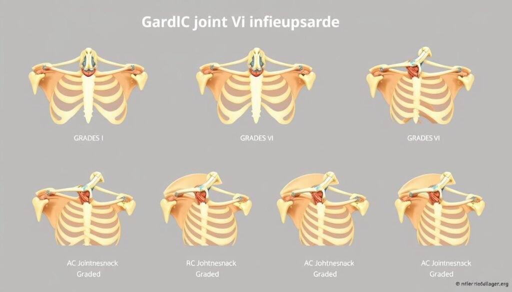 Klassifikation der AC Gelenk Verletzung nach Rockwood mit Darstellung der verschiedenen Schweregrade
