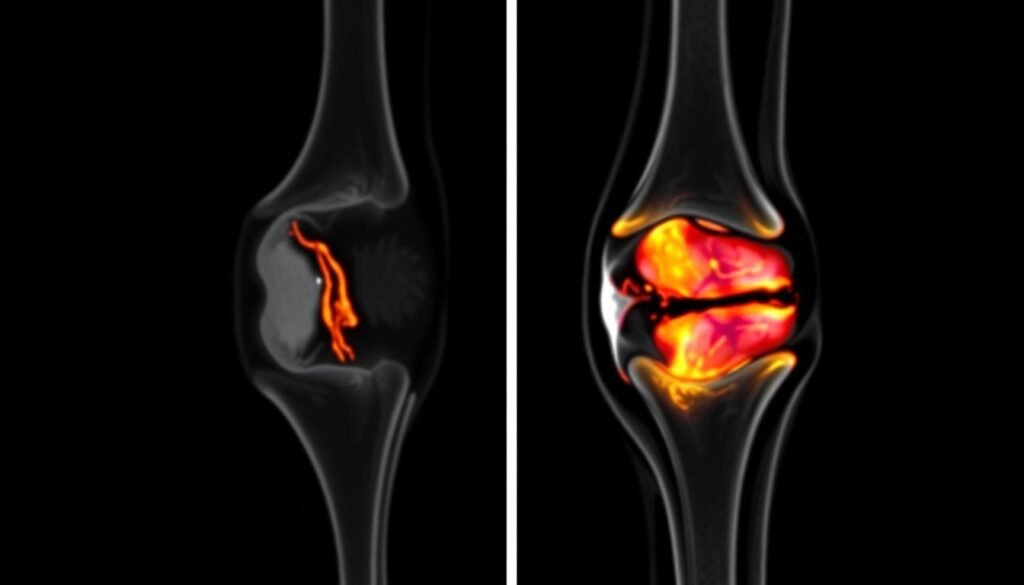 MRT-Aufnahme einer Seitenbandverletzung am Knie mit sichtbarem Riss des medialen Kollateralbandes