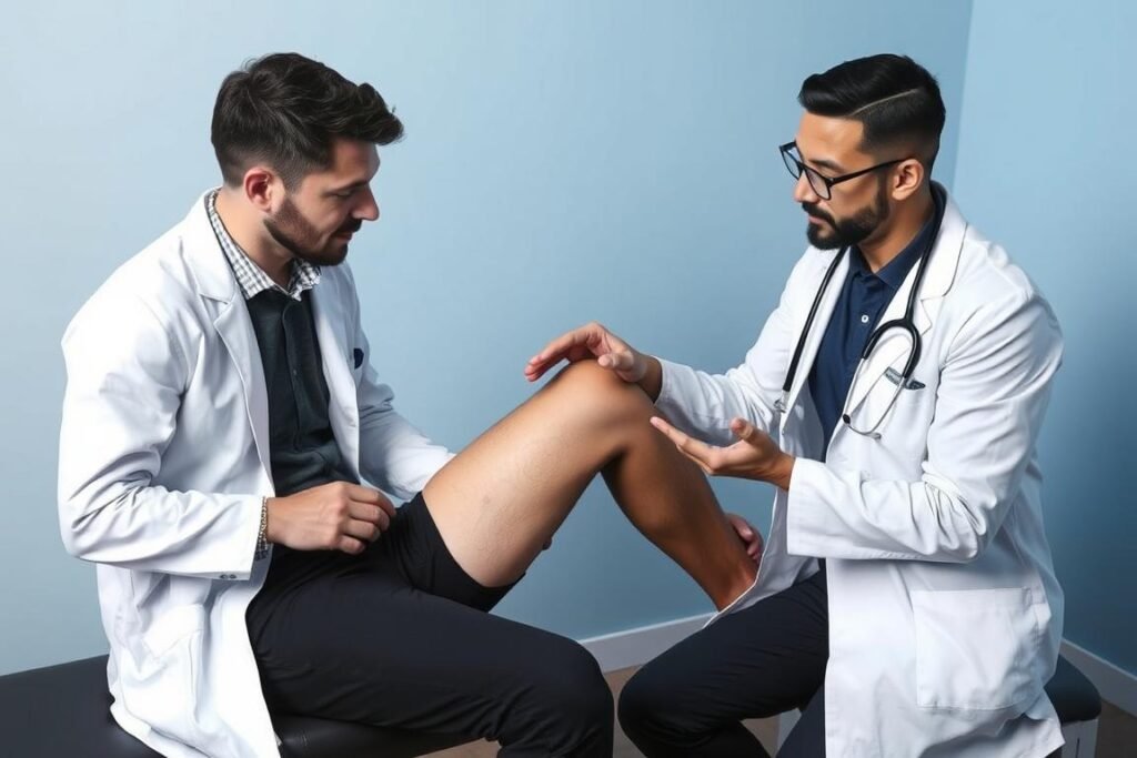 Orthopädischer Facharzt bei der Untersuchung eines Patienten mit Seitenbandverletzung