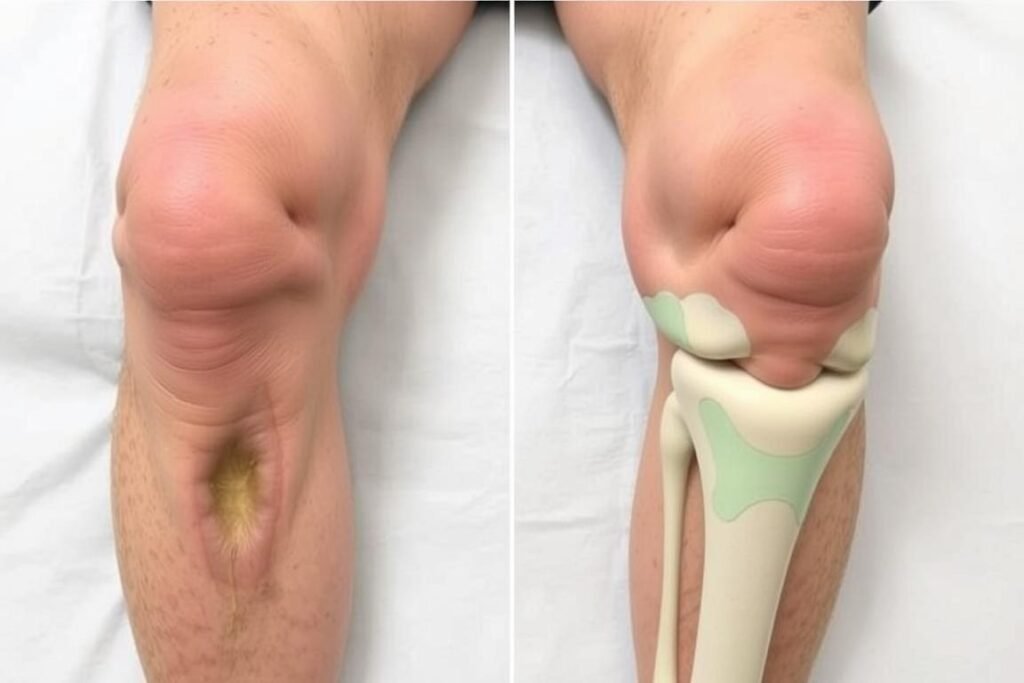 Patient mit Patellaluxation zeigt typische Symptome wie Schwellung und Fehlstellung der Kniescheibe