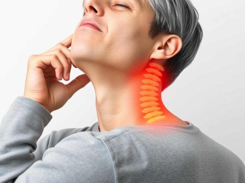 Person mit HWS-Syndrom zeigt typische Schmerzpunkte im Nacken- und Schulterbereich