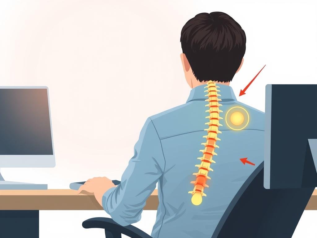 Person mit falscher Sitzhaltung am Schreibtisch als Risikofaktor für Bandscheibendegeneration
