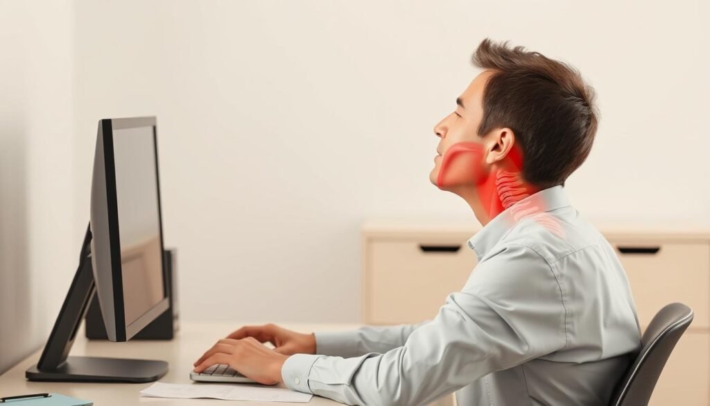 Person mit typischer Fehlhaltung am Schreibtisch als Ursache für HWS-Syndrom