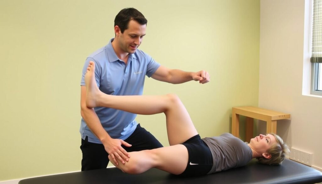 Physiotherapeut behandelt Patient mit Patellaluxation, führt spezielle Übungen zur Kräftigung der Oberschenkelmuskulatur durch