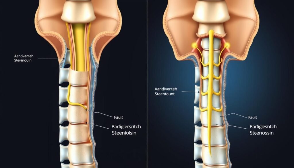 Querschnitt der Wirbelsäule mit normaler und verengter Spinalkanalstenose im Vergleich
