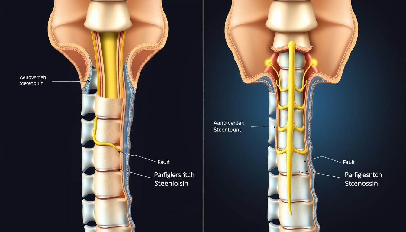 Querschnitt der Wirbelsäule mit normaler und verengter Spinalkanalstenose im Vergleich