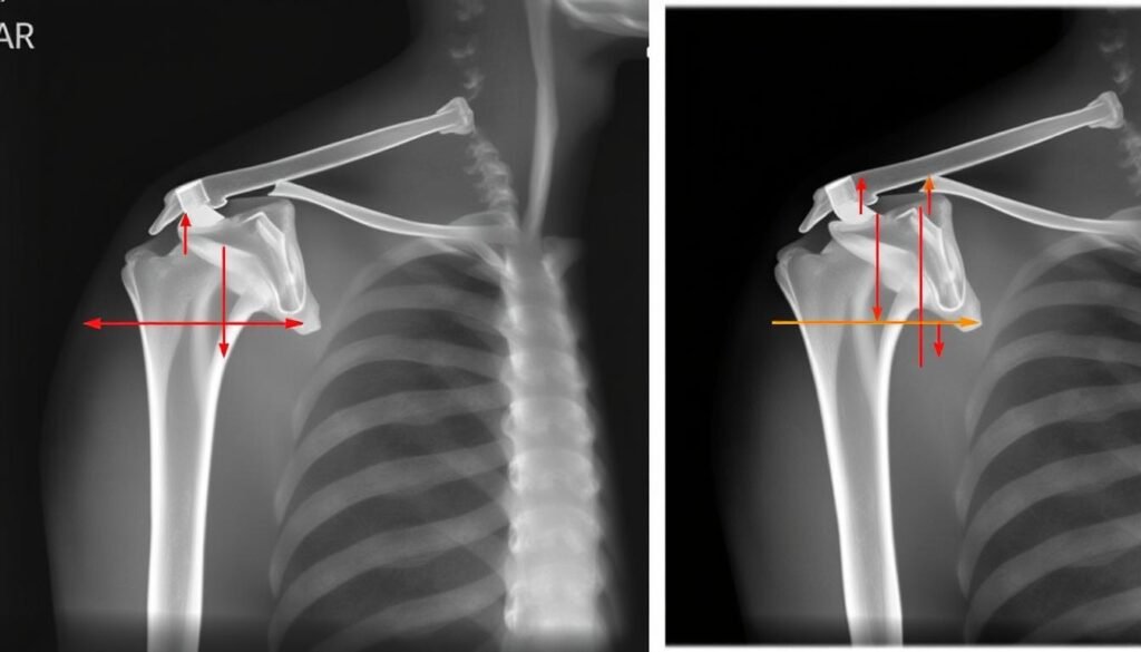 Röntgenbild einer AC Gelenk Verletzung mit Vergleich zur gesunden Seite
