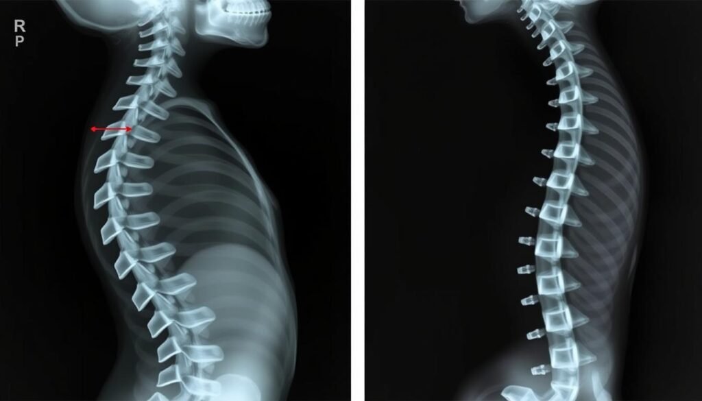 Röntgenbild einer Wirbelsäule vor und nach operativer Skoliose-Korrektur