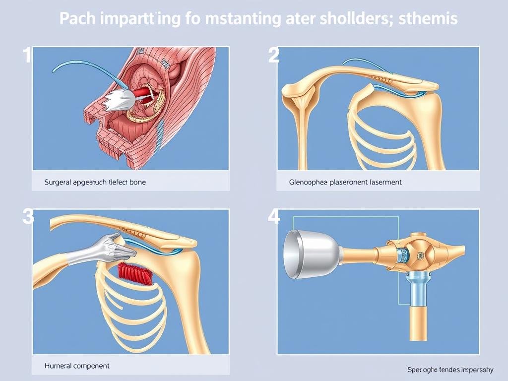 Schematische Darstellung der Operationsschritte bei einer inversen Schulterprothese