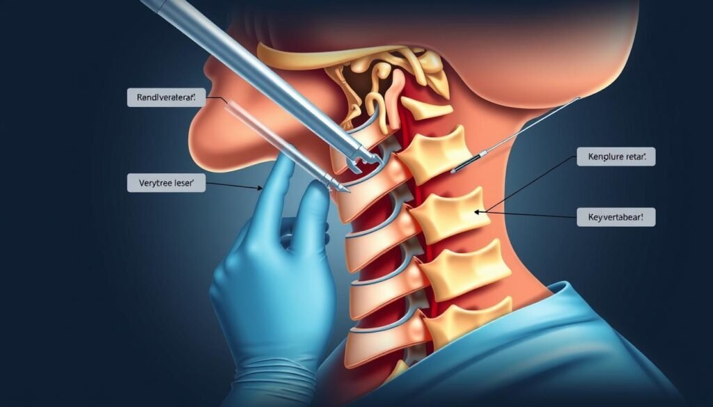 Schematische Darstellung einer Operation an der Halswirbelsäule