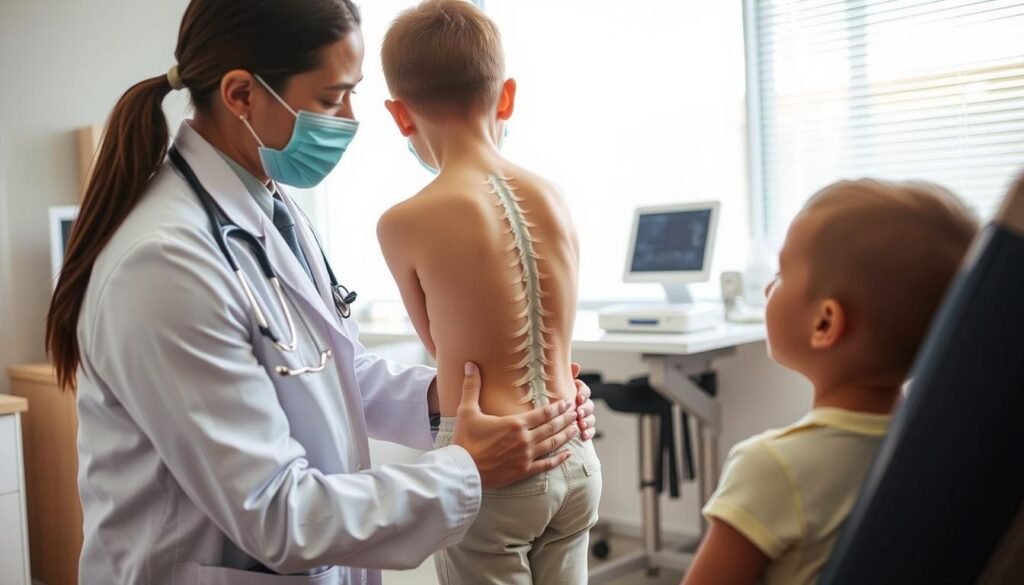 Skoliose-Screening bei einem Kind durch einen Arzt