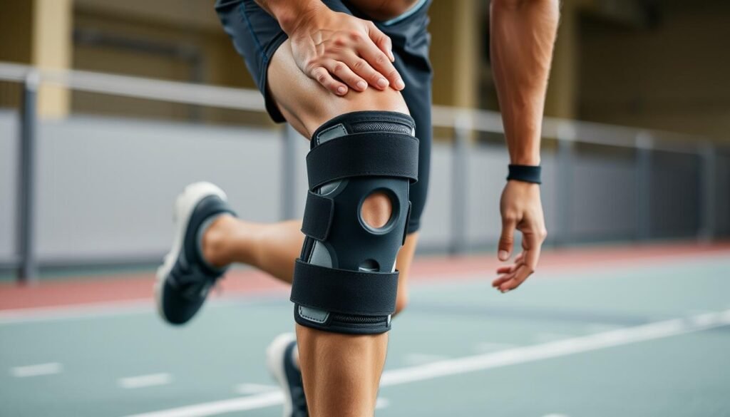 Sportler mit präventiver Knieorthese beim Training