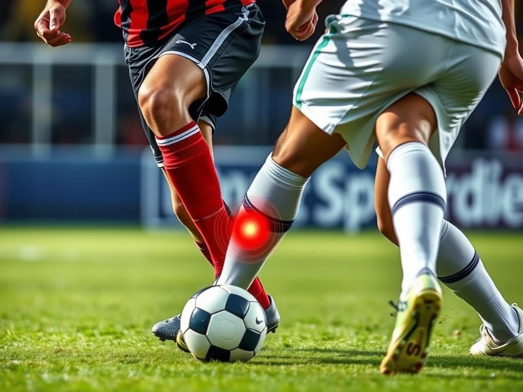 Typischer Verletzungsmechanismus einer Seitenbandverletzung beim Fußball durch seitliche Krafteinwirkung