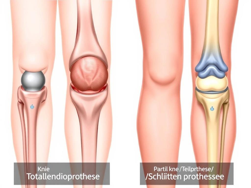 Verschiedene Arten von Kniegelenksprothesen: Vollprothese und Teilprothese
