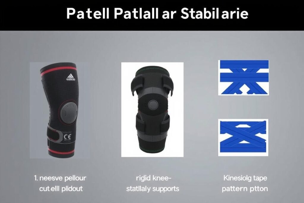 Verschiedene Kniebandagen und Orthesen zur Stabilisierung der Kniescheibe bei Patellaluxation
